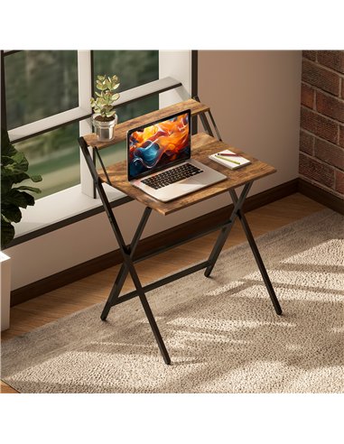 HOMCOM 70 cm Folding Computer Desk with Monitor Shelf - Rustic Brown