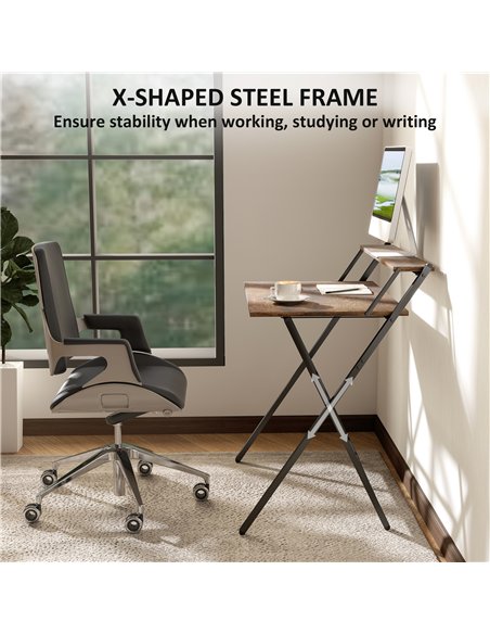 HOMCOM 81.5 cm Folding Computer Desk with Monitor Shelf - Rustic Brown - pic 162089 | FastDaddyshop