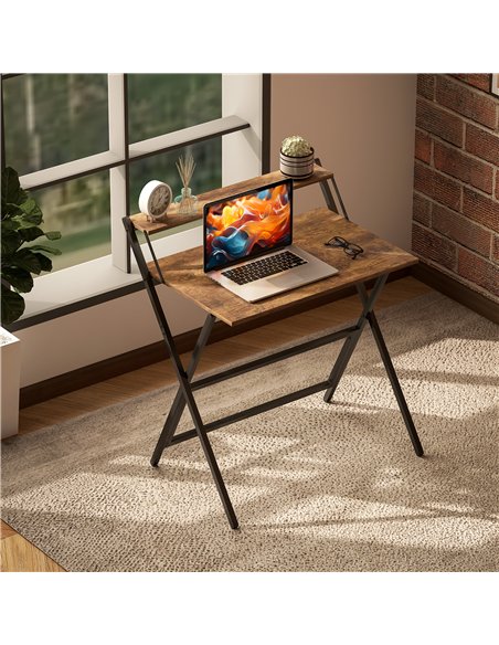 HOMCOM 81.5 cm Folding Computer Desk with Monitor Shelf - Rustic Brown - pic 162091 | FastDaddyshop