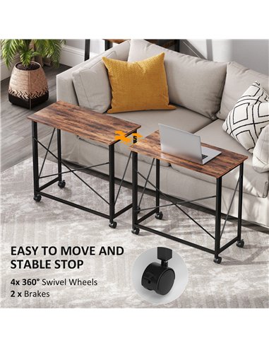 HOMCOM 80 cm Folding Desk on Wheels - Rustic Brown