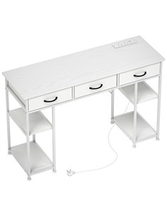 HOMCOM 120cm Computer Desk with Power Outlets, Office Desk Study Table with 3 Fabric Drawers and 4 Storage Shelves, White