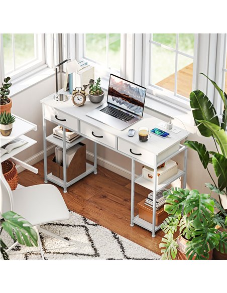 HOMCOM 120cm Computer Desk with Power Outlets, Office Desk Study Table with 3 Fabric Drawers and 4 Storage Shelves, White - pic 162193 | FastDaddyshop