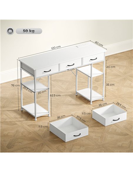HOMCOM 120cm Computer Desk with Power Outlets, Office Desk Study Table with 3 Fabric Drawers and 4 Storage Shelves, White - pic 162194 | FastDaddyshop