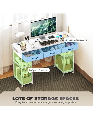 HOMCOM 120cm Computer Desk with Power Outlets, Office Desk Study Table with 3 Fabric Drawers and 4 Storage Shelves, White