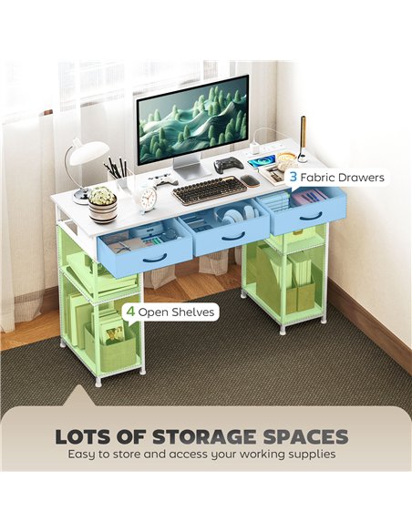 HOMCOM 120cm Computer Desk with Power Outlets, Office Desk Study Table with 3 Fabric Drawers and 4 Storage Shelves, White - pic 162195 | FastDaddyshop