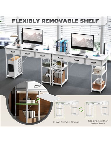 HOMCOM 120cm Computer Desk with Power Outlets, Office Desk Study Table with 3 Fabric Drawers and 4 Storage Shelves, White