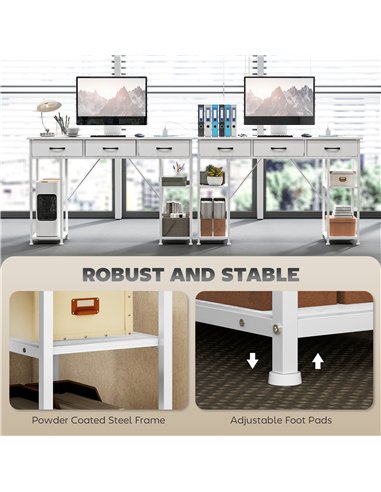 HOMCOM 120cm Computer Desk with Power Outlets, Office Desk Study Table with 3 Fabric Drawers and 4 Storage Shelves, White