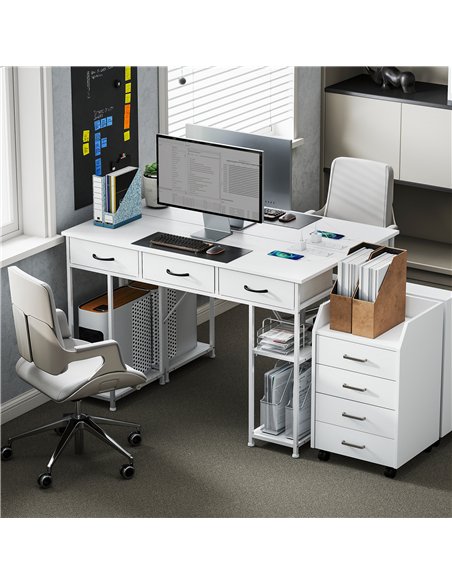 HOMCOM 120cm Computer Desk with Power Outlets, Office Desk Study Table with 3 Fabric Drawers and 4 Storage Shelves, White - pic 162199 | FastDaddyshop