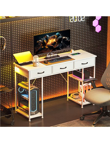 HOMCOM 120cm Computer Desk with Power Outlets, Office Desk Study Table with 3 Fabric Drawers and 4 Storage Shelves, White - pic 162200 | FastDaddyshop