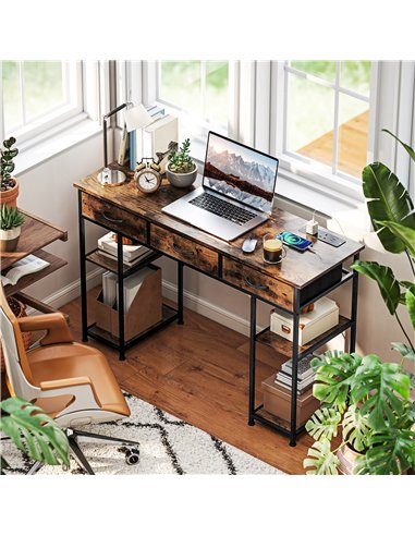 HOMCOM 120cm Computer Desk with Power Outlets, Office Desk Study Table with Fabric Drawers and Storage Shelves, Rustic Brown
