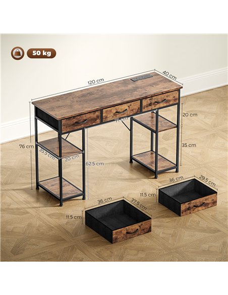 HOMCOM 120cm Computer Desk with Power Outlets, Office Desk Study Table with Fabric Drawers and Storage Shelves, Rustic Brown - pic 162203 | FastDaddyshop