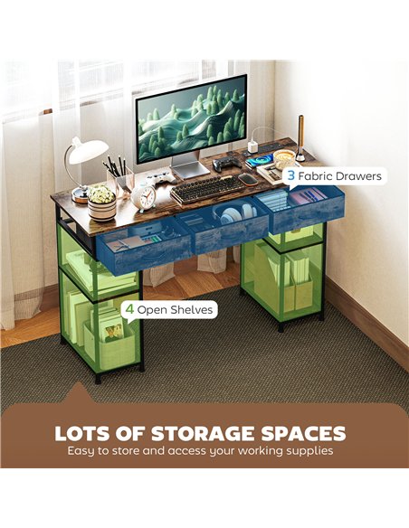 HOMCOM 120cm Computer Desk with Power Outlets, Office Desk Study Table with Fabric Drawers and Storage Shelves, Rustic Brown - pic 162204 | FastDaddyshop