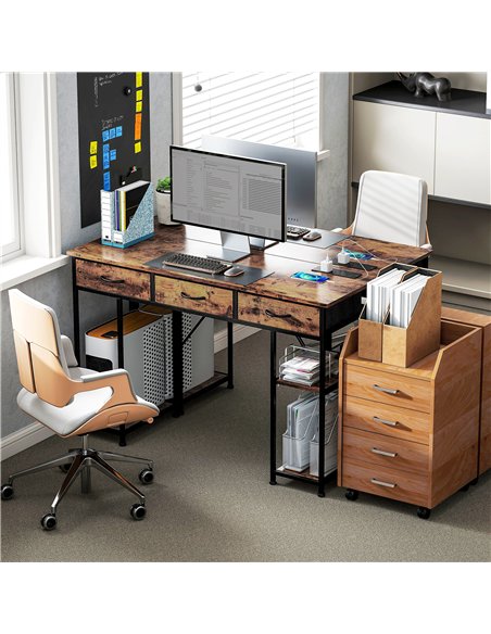 HOMCOM 120cm Computer Desk with Power Outlets, Office Desk Study Table with Fabric Drawers and Storage Shelves, Rustic Brown - pic 162208 | FastDaddyshop