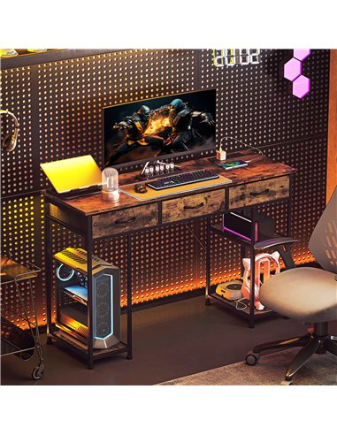 HOMCOM 120cm Computer Desk with Power Outlets, Office Desk Study Table with Fabric Drawers and Storage Shelves, Rustic Brown