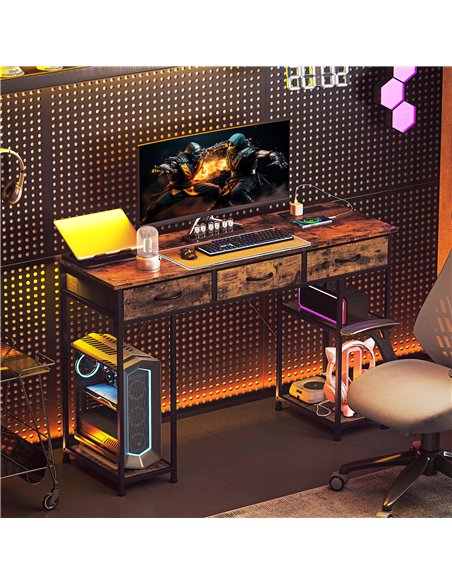 HOMCOM 120cm Computer Desk with Power Outlets, Office Desk Study Table with Fabric Drawers and Storage Shelves, Rustic Brown - pic 162209 | FastDaddyshop