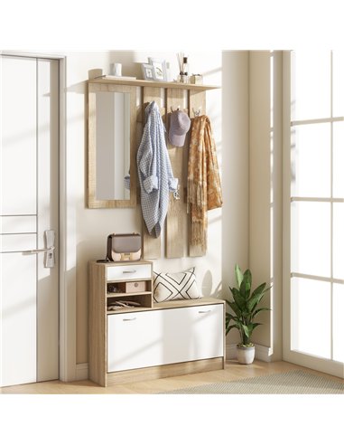 HOMCOM Three-in-One Hallway Storage Set - Natural Wood Finish/White