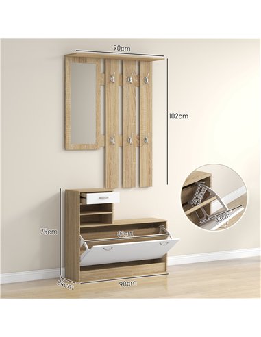 HOMCOM Three-in-One Hallway Storage Set - Natural Wood Finish/White