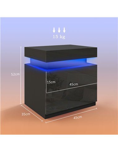 HOMCOM Black Bedside Table with LED Light, High Gloss Front Nightstand with 2 Drawers, for Living Room, Bedroom