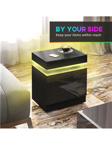 HOMCOM Black Bedside Table with LED Light, High Gloss Front Nightstand with 2 Drawers, for Living Room, Bedroom