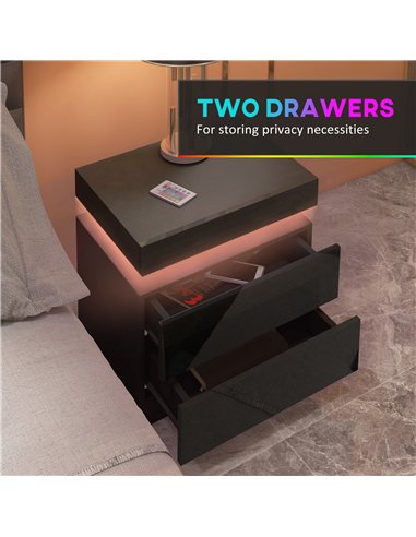 HOMCOM Black Bedside Table with LED Light, High Gloss Front Nightstand with 2 Drawers, for Living Room, Bedroom