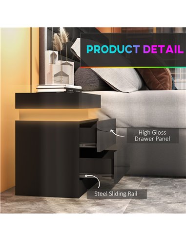 HOMCOM Black Bedside Table with LED Light, High Gloss Front Nightstand with 2 Drawers, for Living Room, Bedroom