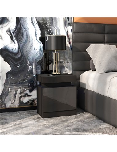 HOMCOM Black Bedside Table with LED Light, High Gloss Front Nightstand with 2 Drawers, for Living Room, Bedroom
