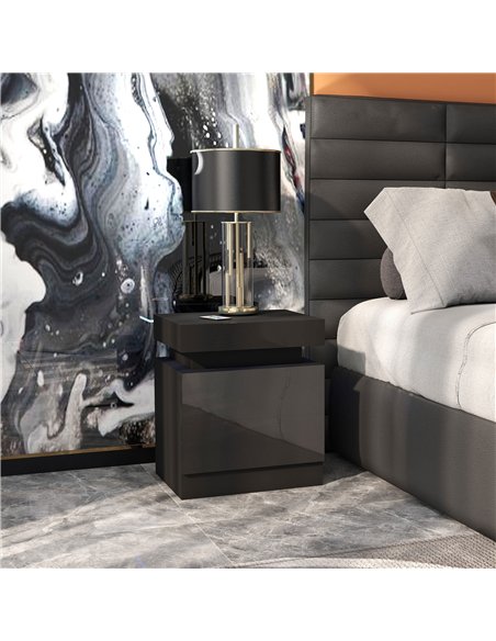HOMCOM Black Bedside Table with LED Light, High Gloss Front Nightstand with 2 Drawers, for Living Room, Bedroom - pic 162325 | FastDaddyshop
