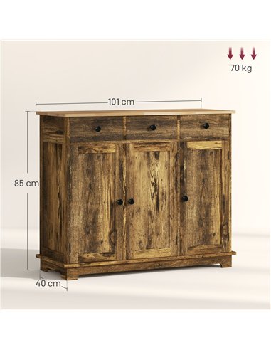 HOMCOM Sideboard with Rubberwood Top and Adjustable Shelves for Dining Room, Kitchen - Rustic Brown