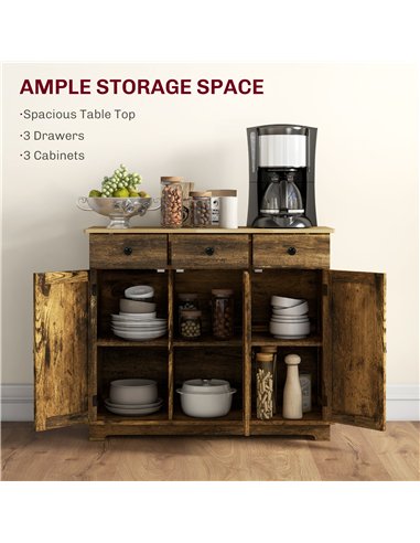 HOMCOM Sideboard with Rubberwood Top and Adjustable Shelves for Dining Room, Kitchen - Rustic Brown
