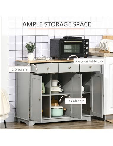HOMCOM Sideboard with Rubberwood Top and Adjustable Shelves for Dining Room, Kitchen - Grey