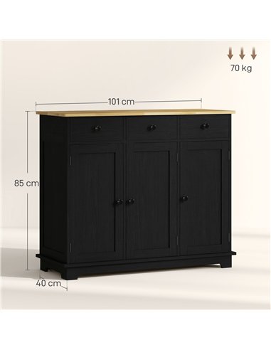 HOMCOM Sideboard with Rubberwood Top and Adjustable Shelves for Dining Room, Kitchen - Black Wood-Effect
