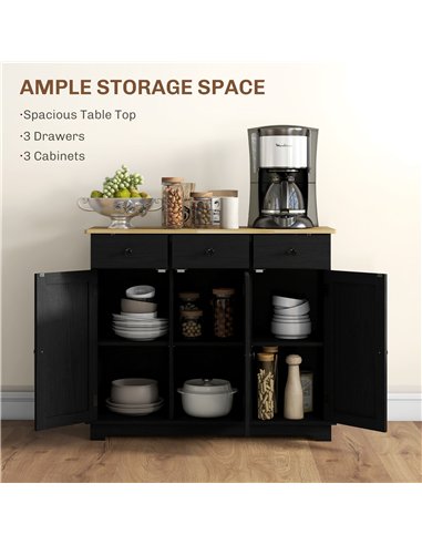 HOMCOM Sideboard with Rubberwood Top and Adjustable Shelves for Dining Room, Kitchen - Black Wood-Effect
