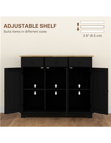 HOMCOM Sideboard with Rubberwood Top and Adjustable Shelves for Dining Room, Kitchen - Black Wood-Effect
