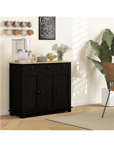 HOMCOM Sideboard with Rubberwood Top and Adjustable Shelves for Dining Room, Kitchen - Black Wood-Effect