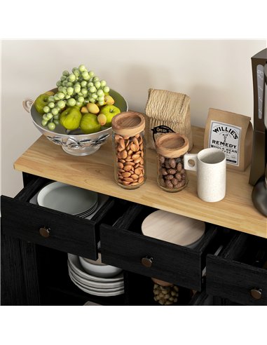 HOMCOM Sideboard with Rubberwood Top and Adjustable Shelves for Dining Room, Kitchen - Black Wood-Effect