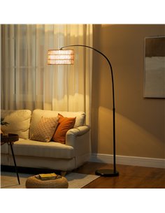 HOMCOM Rattan Floor Lamp for Living Room, Farmhouse Arc Standing Lamp with Dual-Layer Shade & Foot Switch, Height Adjustable Min 2