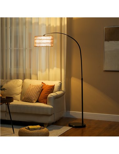 HOMCOM Rattan Floor Lamp for Living Room, Farmhouse Arc Standing Lamp with Dual-Layer Shade & Foot Switch, Height Adjustable Min