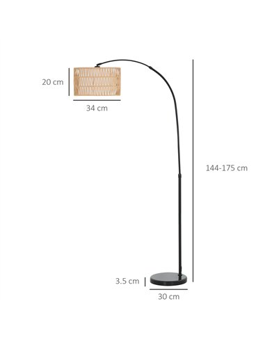 HOMCOM Rattan Floor Lamp for Living Room, Farmhouse Arc Standing Lamp with Dual-Layer Shade & Foot Switch, Height Adjustable Min