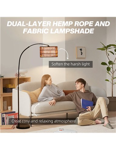 HOMCOM Rattan Floor Lamp for Living Room, Farmhouse Arc Standing Lamp with Dual-Layer Shade & Foot Switch, Height Adjustable Min