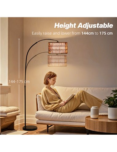 HOMCOM Rattan Floor Lamp for Living Room, Farmhouse Arc Standing Lamp with Dual-Layer Shade & Foot Switch, Height Adjustable Min