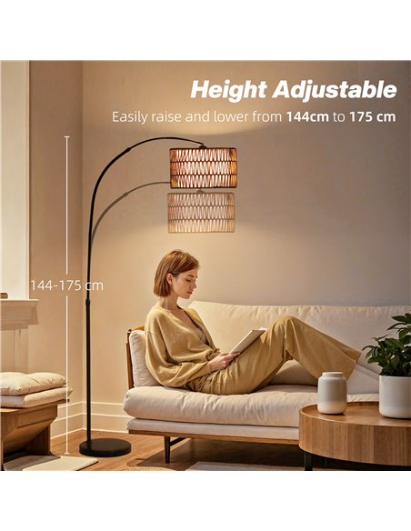 HOMCOM Rattan Floor Lamp for Living Room, Farmhouse Arc Standing Lamp with Dual-Layer Shade & Foot Switch, Height Adjustable Min - pic 162394 | FastDaddyshop