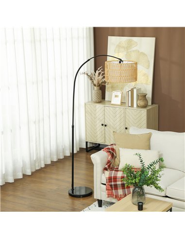 HOMCOM Rattan Floor Lamp for Living Room, Farmhouse Arc Standing Lamp with Dual-Layer Shade & Foot Switch, Height Adjustable Min