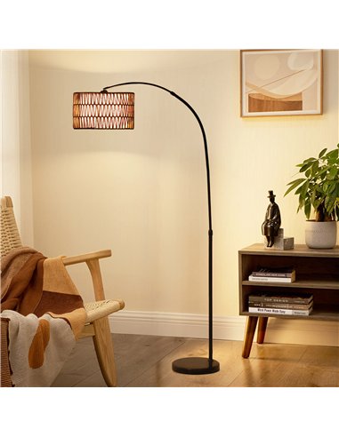 HOMCOM Rattan Floor Lamp for Living Room, Farmhouse Arc Standing Lamp with Dual-Layer Shade & Foot Switch, Height Adjustable Min