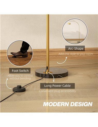 HOMCOM 180cm Arc Floor Lamp for Living Room, Modern Adjustable Standing Lamp with Foot Switch, Faux Black Marble Base and Bell S