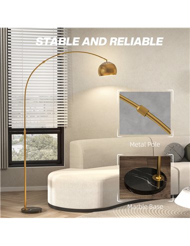 HOMCOM 180cm Arc Floor Lamp for Living Room, Modern Adjustable Standing Lamp with Foot Switch, Faux Black Marble Base and Bell S