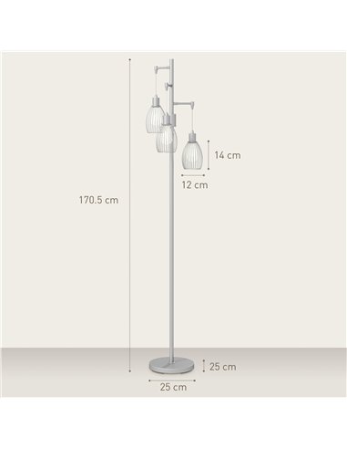 HOMCOM 3-Light Floor Lamp, 170cm Industrial Dimmable Standing Lamp with Steel Wire Cage Lampshades for Living Room, Bedroom, Din
