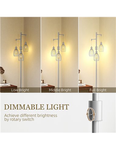 HOMCOM 3-Light Floor Lamp, 170cm Industrial Dimmable Standing Lamp with Steel Wire Cage Lampshades for Living Room, Bedroom, Din