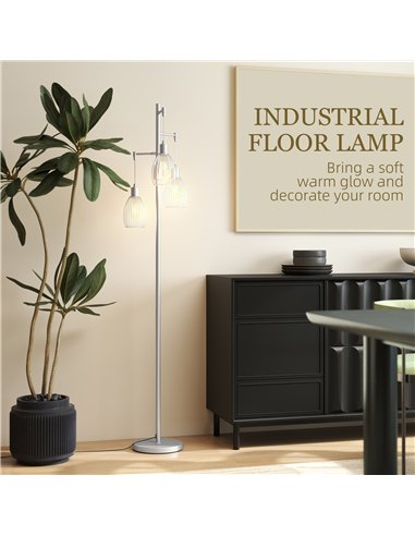 HOMCOM 3-Light Floor Lamp, 170cm Industrial Dimmable Standing Lamp with Steel Wire Cage Lampshades for Living Room, Bedroom, Din