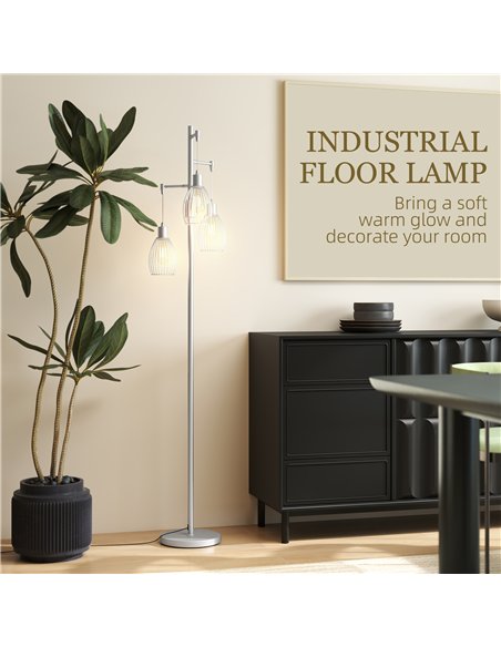 HOMCOM 3-Light Floor Lamp, 170cm Industrial Dimmable Standing Lamp with Steel Wire Cage Lampshades for Living Room, Bedroom, Din - pic 162421 | FastDaddyshop
