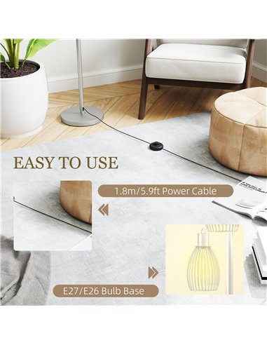 HOMCOM 3-Light Floor Lamp, 170cm Industrial Dimmable Standing Lamp with Steel Wire Cage Lampshades for Living Room, Bedroom, Din